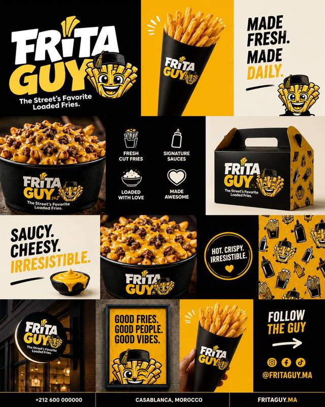 Frita Guy brand identity board — black and gold street-food branding with fez-wearing fries mascot