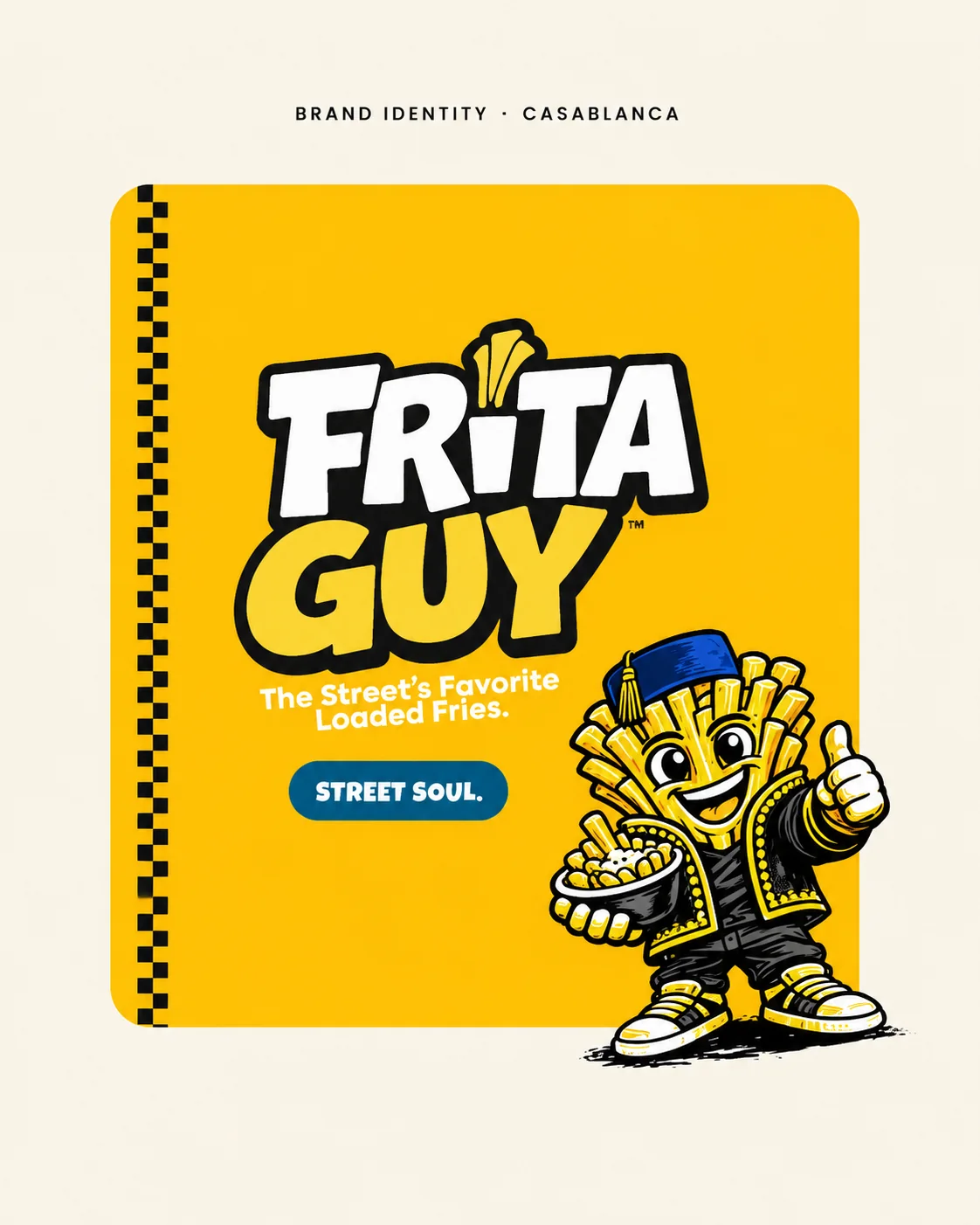 Frita Guy brand identity board: yellow and black street-food branding with a fez-wearing fries mascot